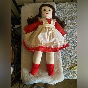 Large Vintage Handmade Rag Doll in Red Dress with Cream Apron, great condition